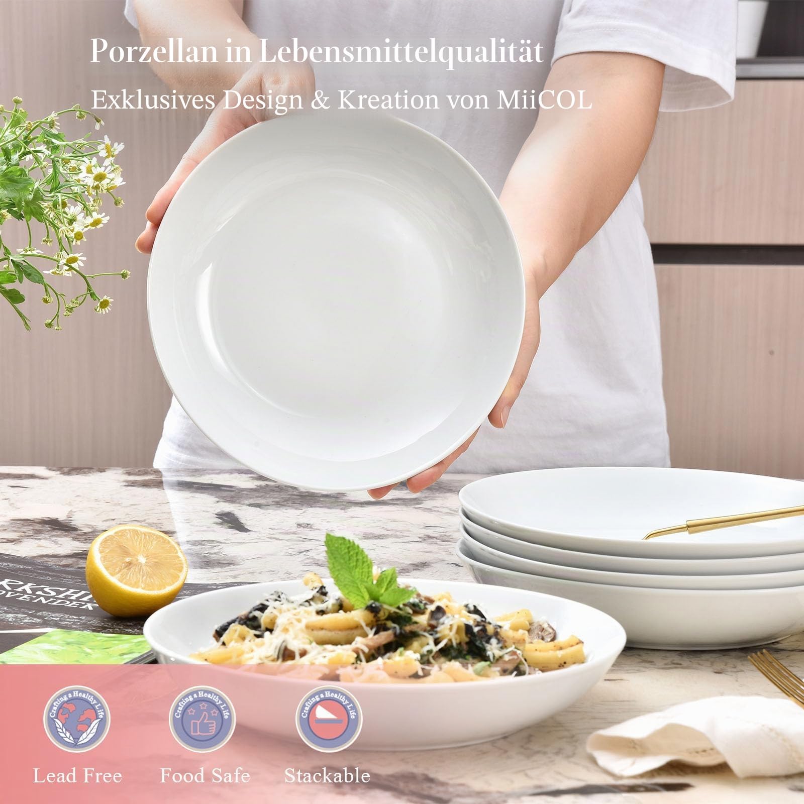 Miicol Pastateller 6 Teilig, Suppenteller Weiße 800ml, Salatteller Porzellan 21cm, Suppenschüssel Keramik, Modern Salatschüsselset, Servierteller, Tiefe Teller für Spaghetti, Pasta, Suppen, Salat