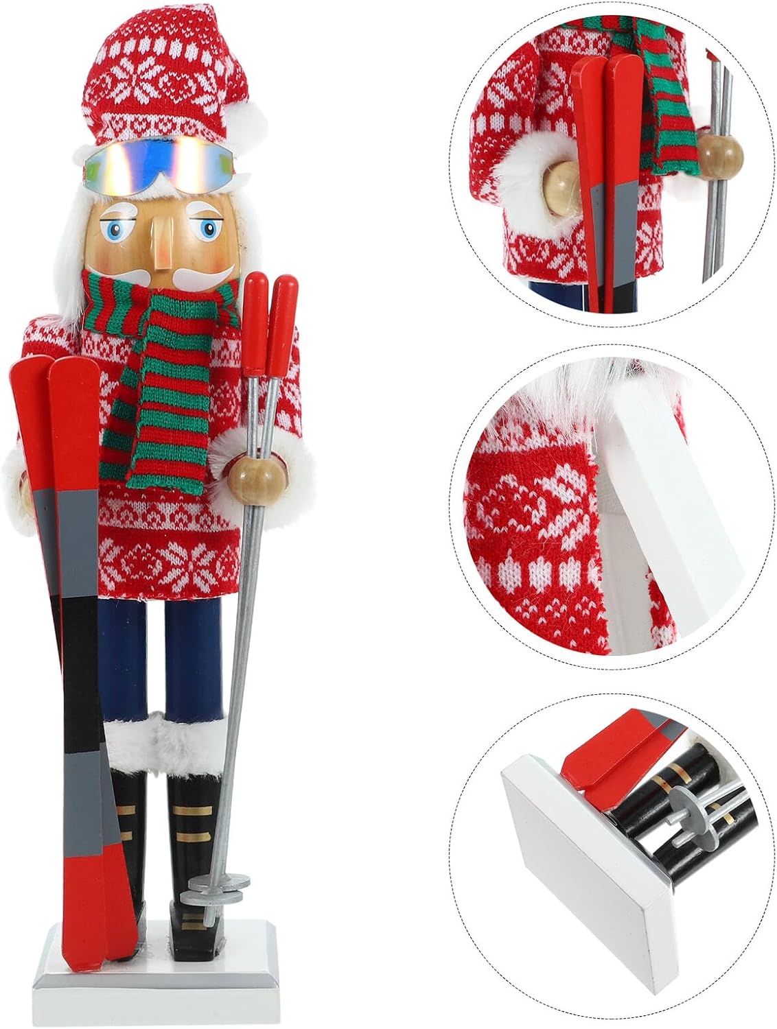 Christmas Nutcracker Figurine with 38cm Striped Scarf and Ski Board, Wooden Traditional Nutcracker Soldier Decoration for ’ Xmas Table Ornament and Holiday Home Display