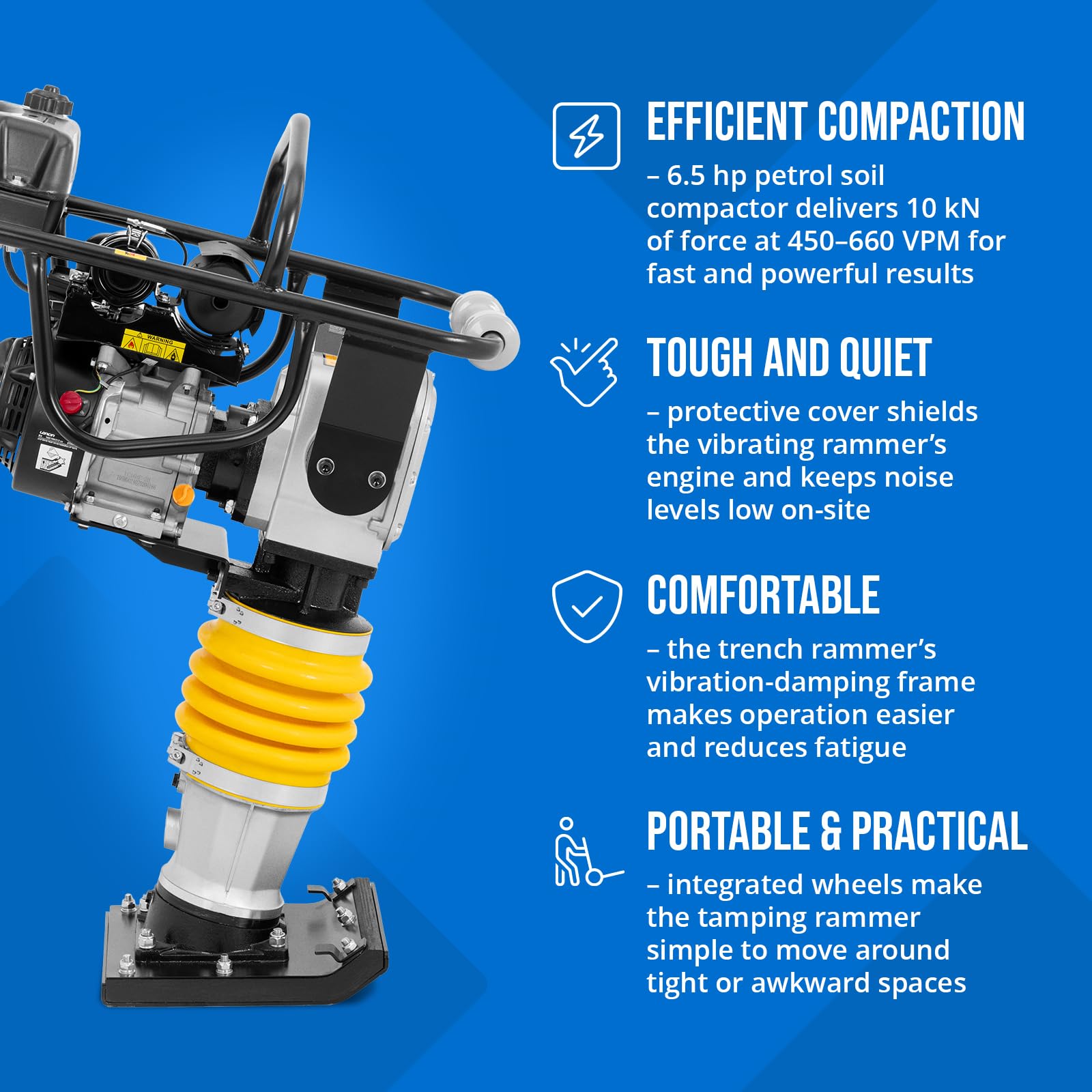 MSW Pilonneuse thermique - 34 x 28 cm - 10 kN, 450-650 coups/min, moteur Loncin de 6,5 ch, cadre anti-vibration, roues intégrées, dameuse plaque vibrante, compacteur de sol