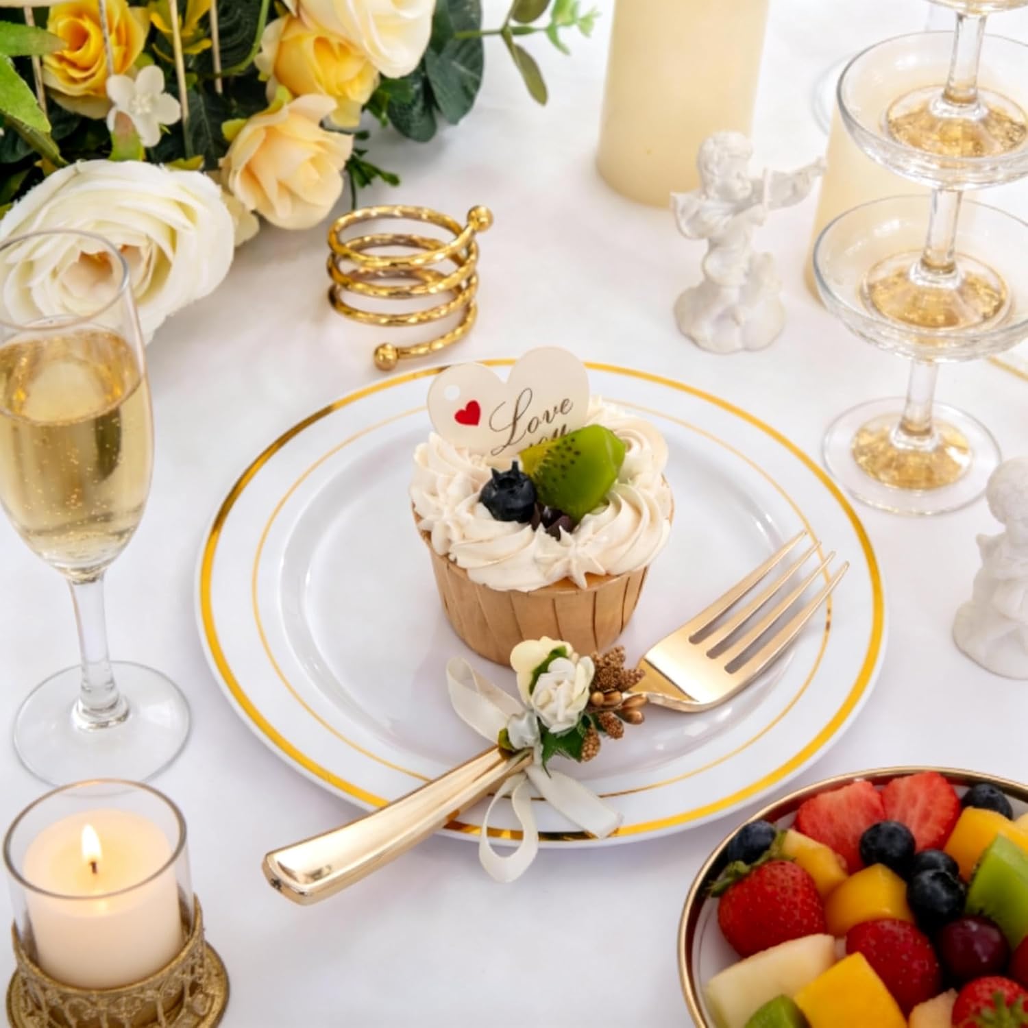 I00000 144 Small Plastic Dessert Plates Set Include 72 Pcs Gold Dessert Plates 7.5" with 72 Pcs Forks 7.5",Disposable Cake Plate,Fancy White Gold Plastic Small Plates for Party - Image 4
