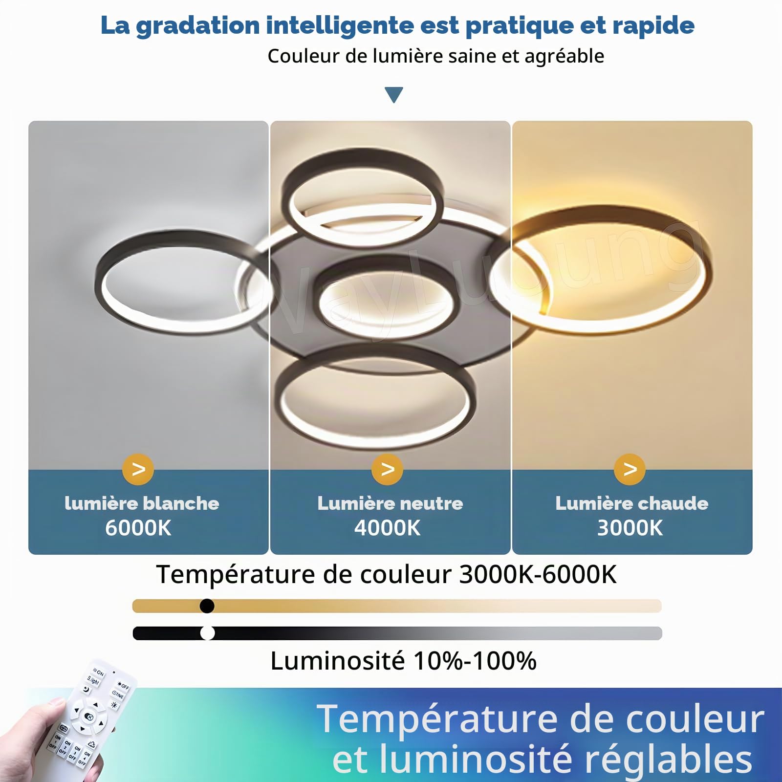 Plafonnier LED | Plafonnier De Salon Moderne À 6 Anneaux | Cercle Rond Noire 86W/Ø85cm | Plafonniers De Chambre | 2700K-6500K Dimmable Avec Télécommande | Lampe De Plafond D'Intérieur De Restaurant