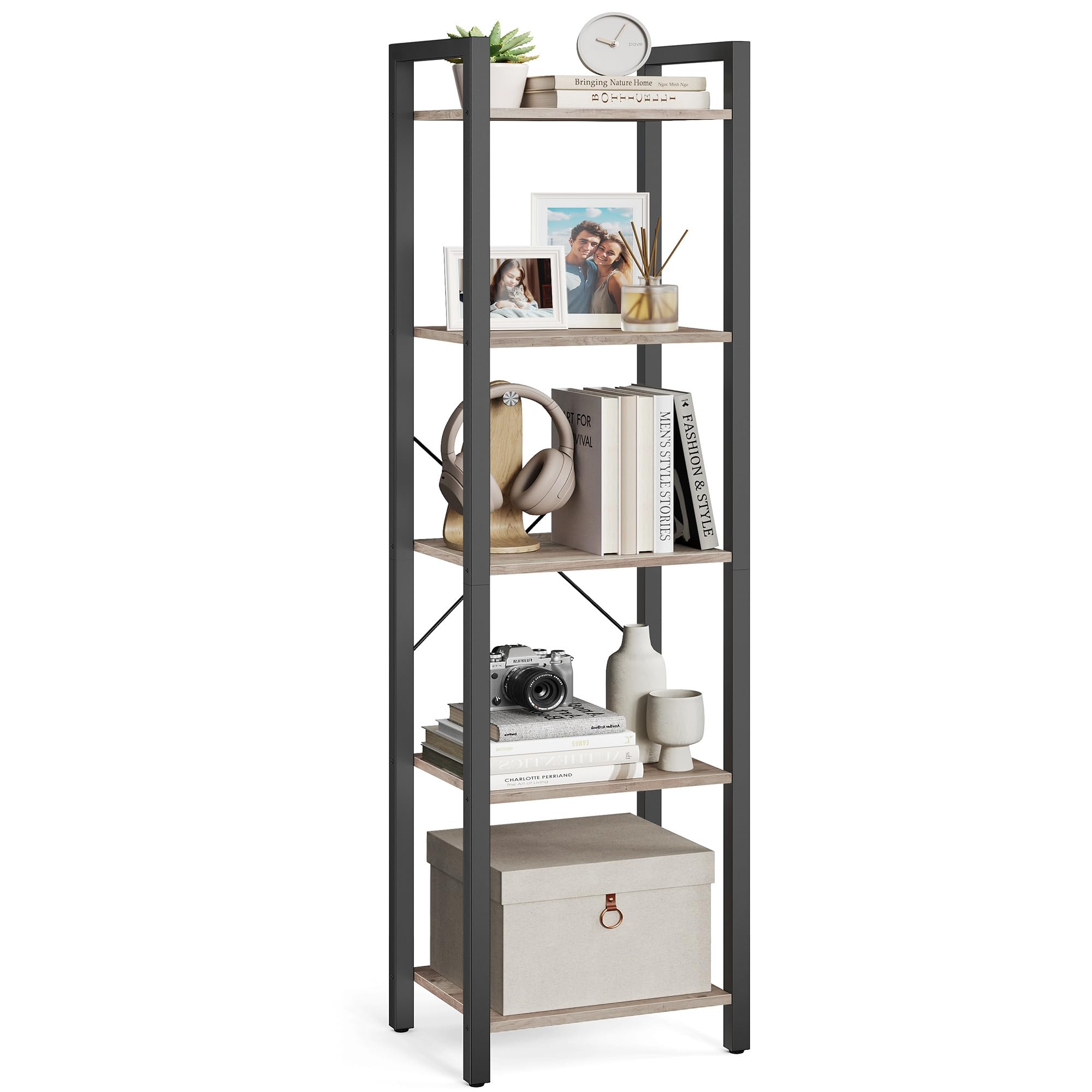 VASAGLE 5-Tier Bookshelf, Bookcase, Shelving Unit, for Office, Study, Living Room, Bedroom, 30 x 39.6 x 154 cm, Industrial, Heather Greige and Ink Black LLS100B02
