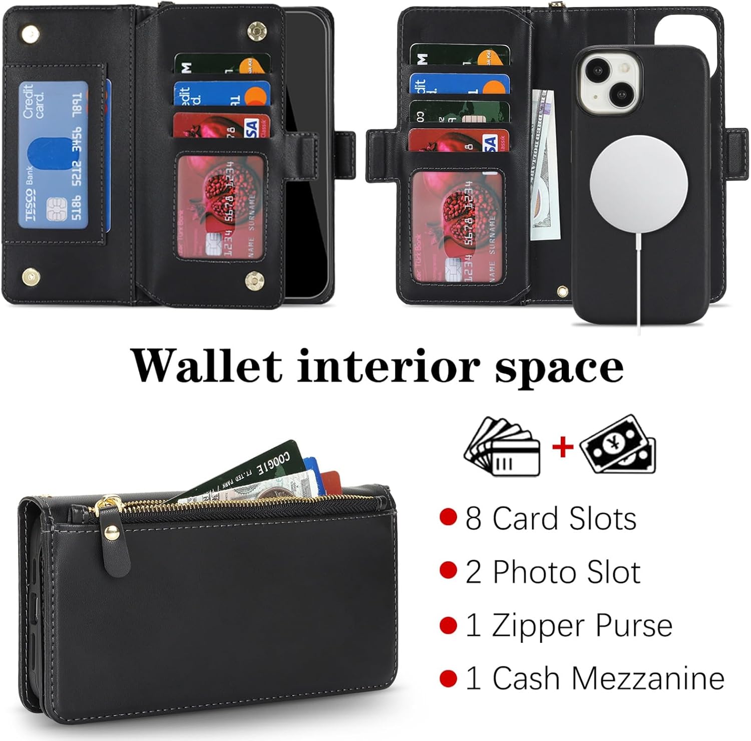 Jaorty for iPhone 15 Detachable Wallet Case, [Compatible with MagSafe] [Card Holder] [Zipper Pocket],2-in-1 PU Leather Flip Purse Kickstand Wrist Strap Magnetic Cover Men Women,Black