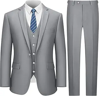 LUPURTY Suits for Men, 3 Piece Men's Suit Slim Fit, Solid Jacket Vest Pants with Tie, One Button Tuxedo Set