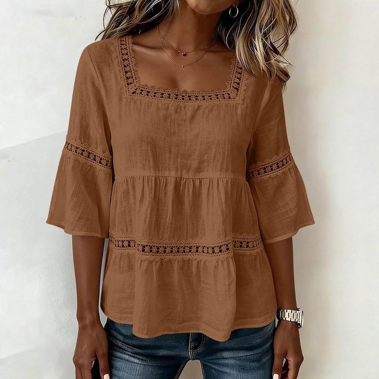 Camicetta da donna con maniche a 3/4, in lino, scollo quadrato, in pizzo, da spiaggia | Materiale arioso in cotone e lino, elegante scollo quadrato, dettagli in pizzo femminile