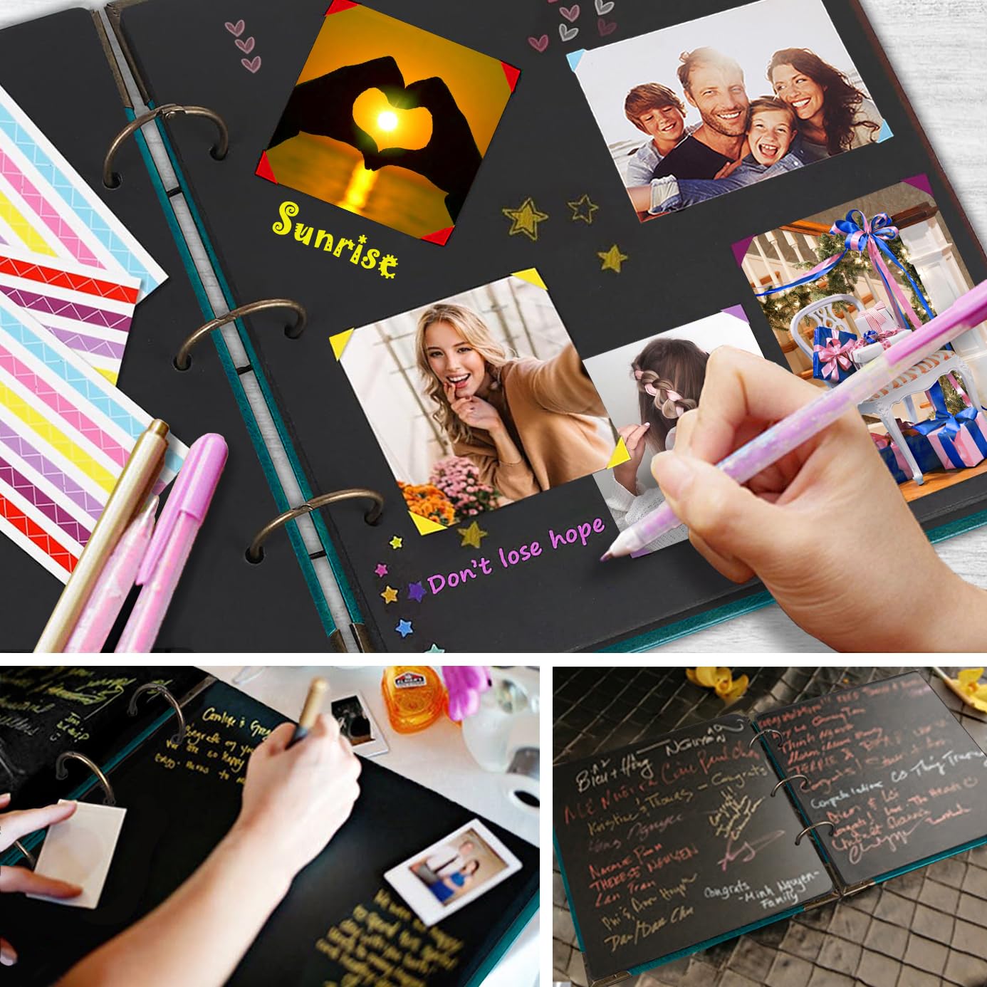 Album na zdjęcia, DIY, do scrapbookingu, 25 x 25 cm, 50 stron, skórzana okładka, segregator z trzema pierścieniami, z 408 samoprzylepnymi narożnikami zdjęć, do przechowywania pamięci, serce