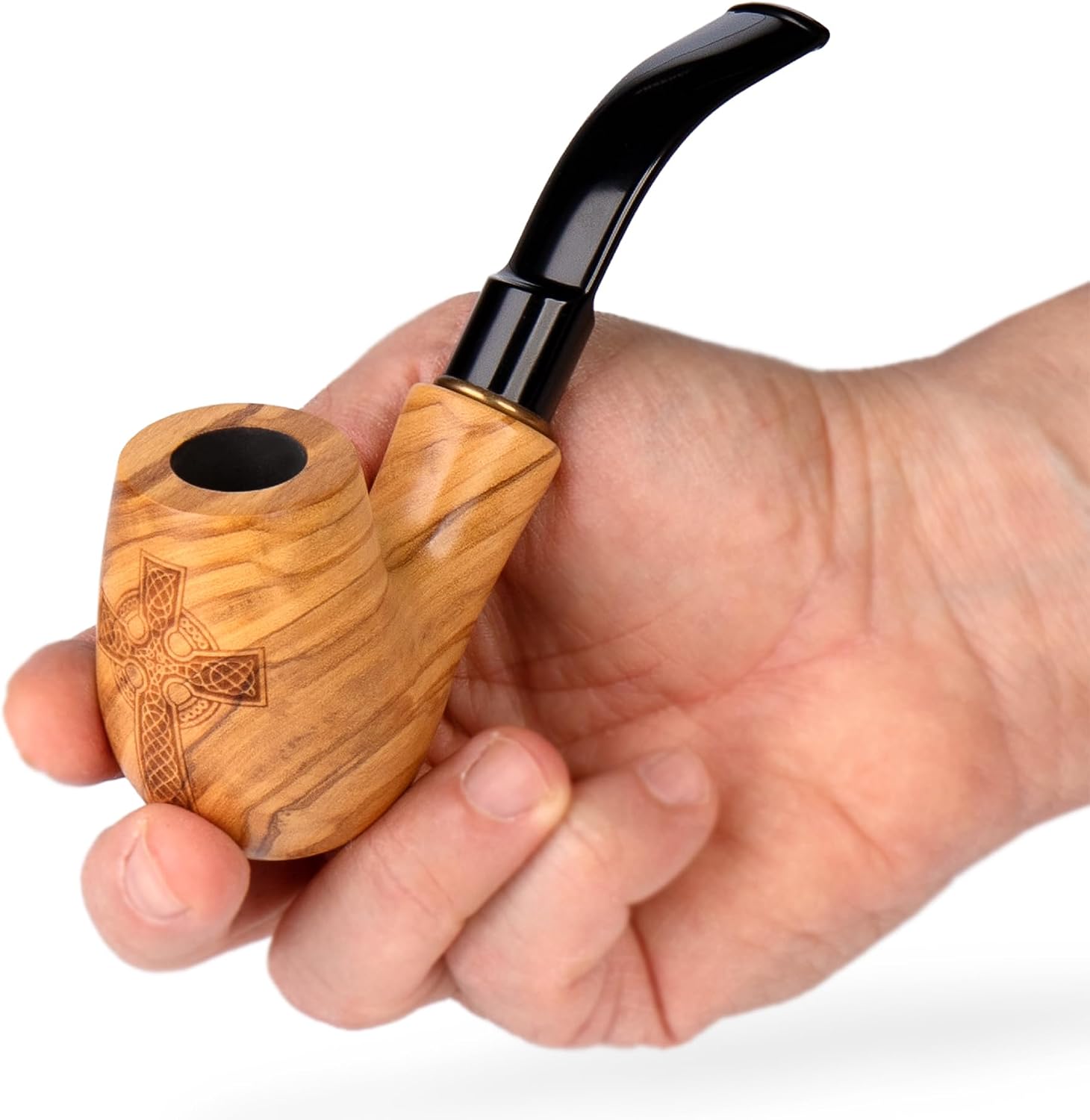 5.1 Olive wood Tobacco Smoking Pipe with engraving Celtic Cross | pipes for 9mm filter - 13cm. Velvet pouch gift
