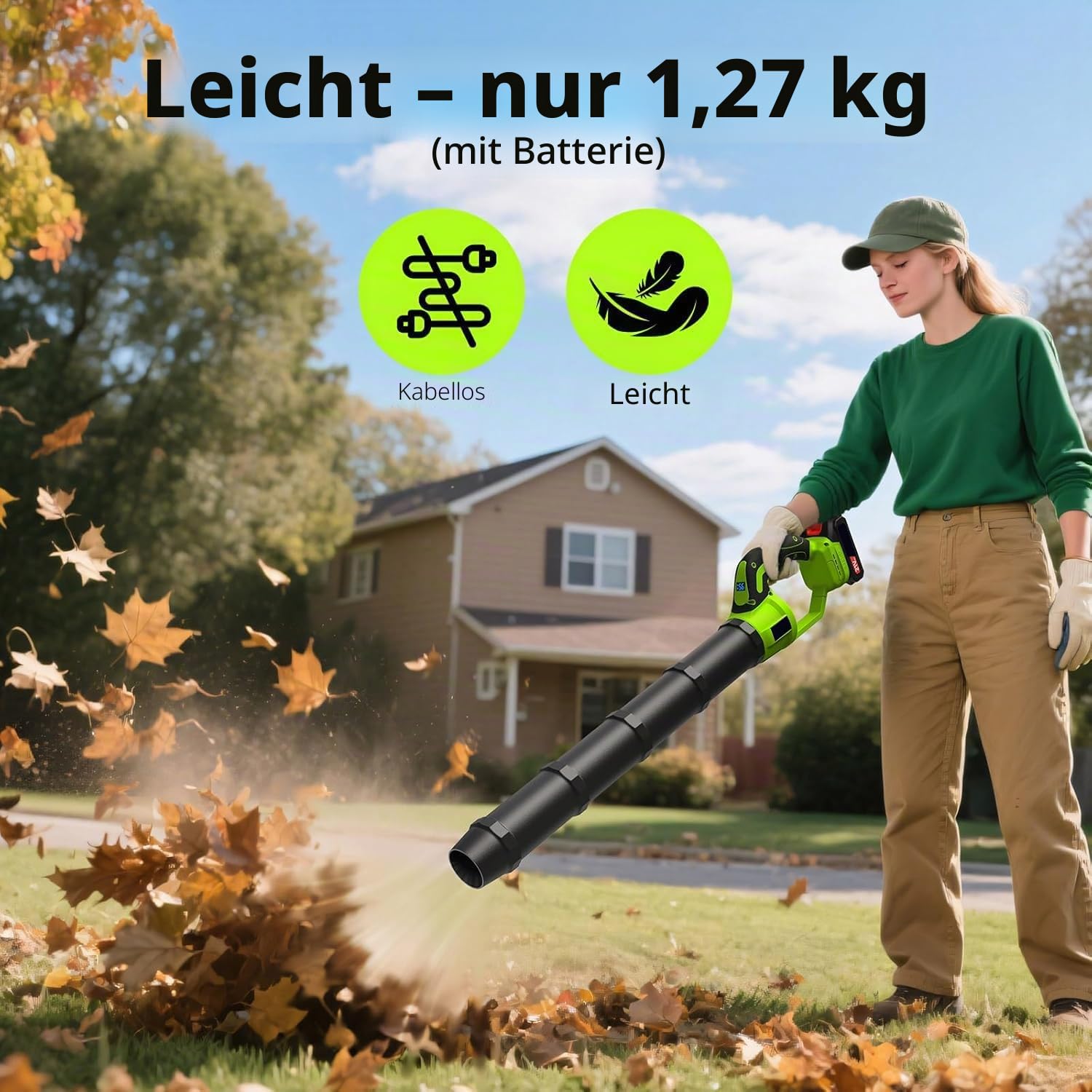 Akku-Laubbläser, 2X 21V Akkus & Schnellladegerät Set, mit stufenloser Geschwindigkeitsregelung, Leichter handgehaltener elektrischer Laubbläser für Rasenpflege, Hof, Garten, Terrasse (Grün-A)