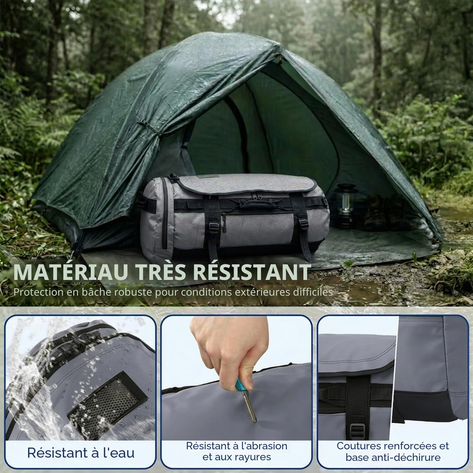 Haimont - Sac de voyage résistant pour homme, convertible, grand sac de sport avec compartiment pour chaussures, imperméable, idéal pour le week-end, le camping, gris, 90L