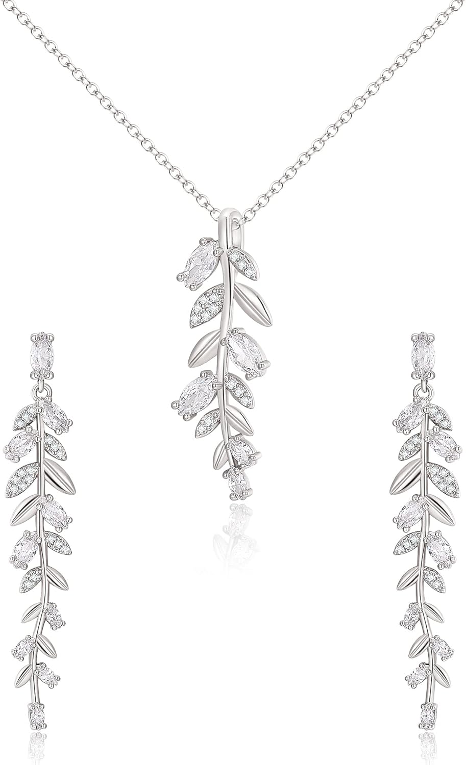 EleQueen Women's Sparkle Cubic Zirconia Leaf Vine Necklace Long Dangle Earrings Jewerly Sets for Wedding Bridal Bridesmaids