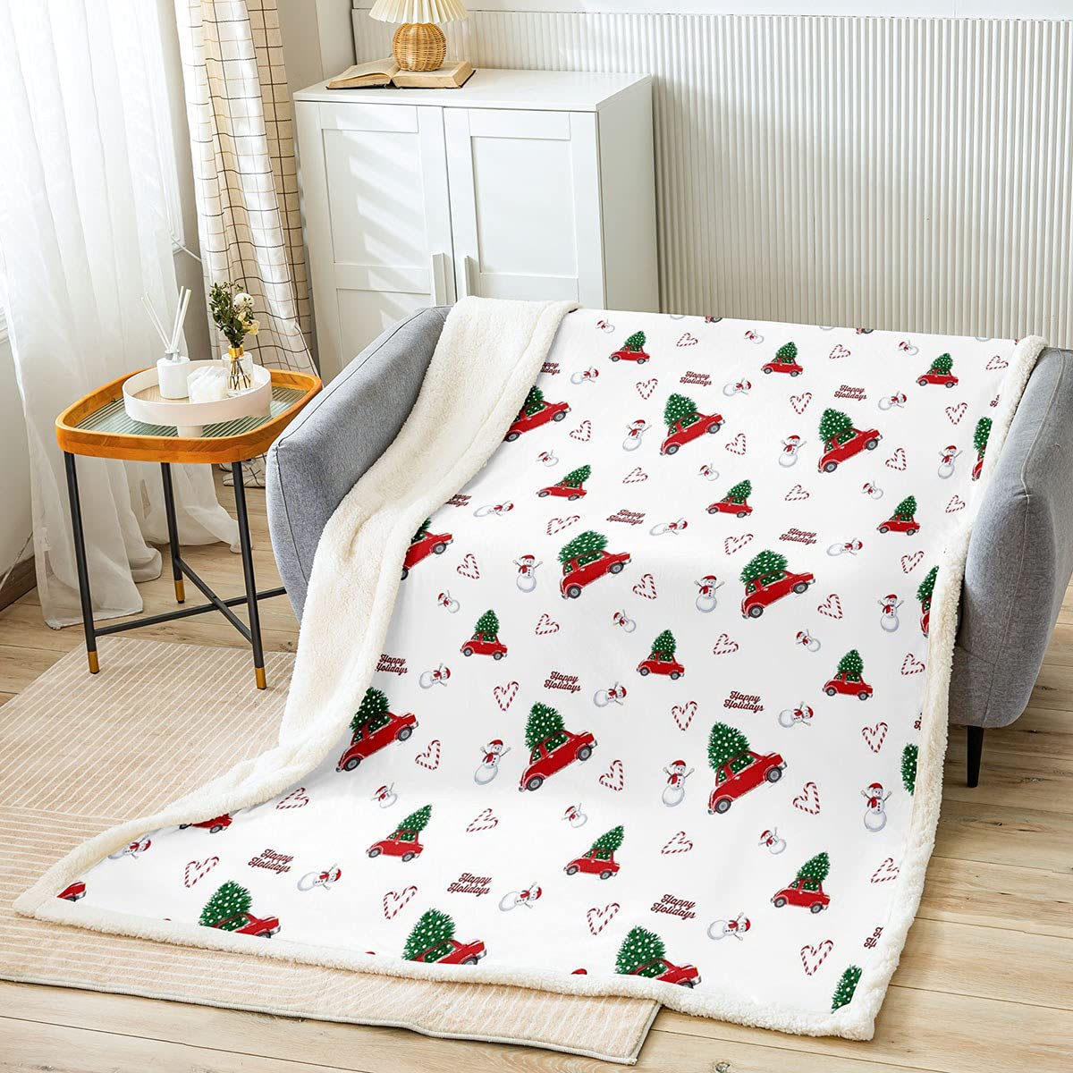 Loussiesd Kids Christmas Tree Car Throw Blanket Cute Snowman Xmas Gift Fleece Blanket for Bed Sofa Toddler Kawaii Sherpa Blanket Heart Flannel Bedroom Single 50x60 Inch