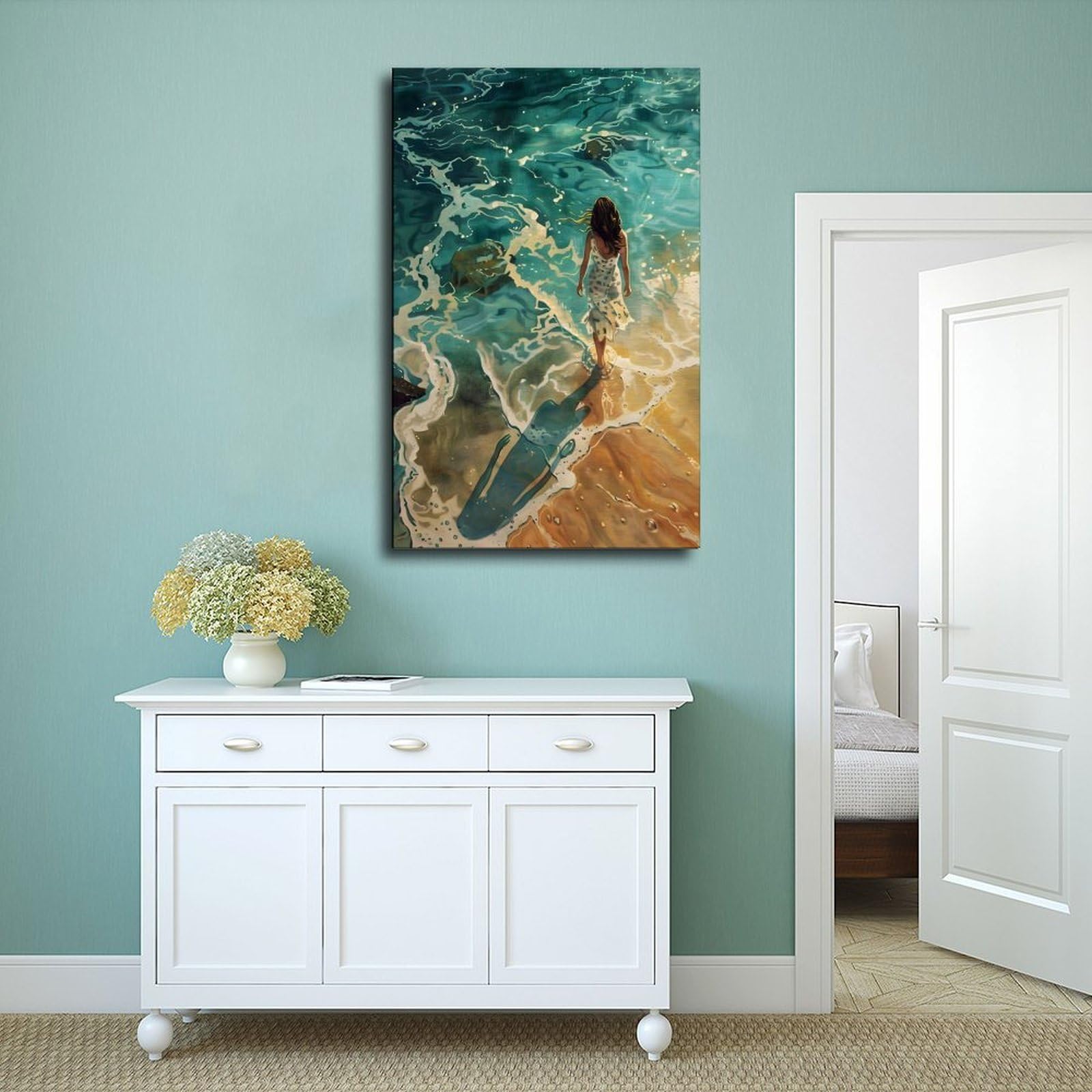 Poster su tela a tema Camminando sulla spiaggia, decorazione per camera da letto, ufficio, stanza, regalo, 40,6 cm di lunghezza x 61 cm di larghezza