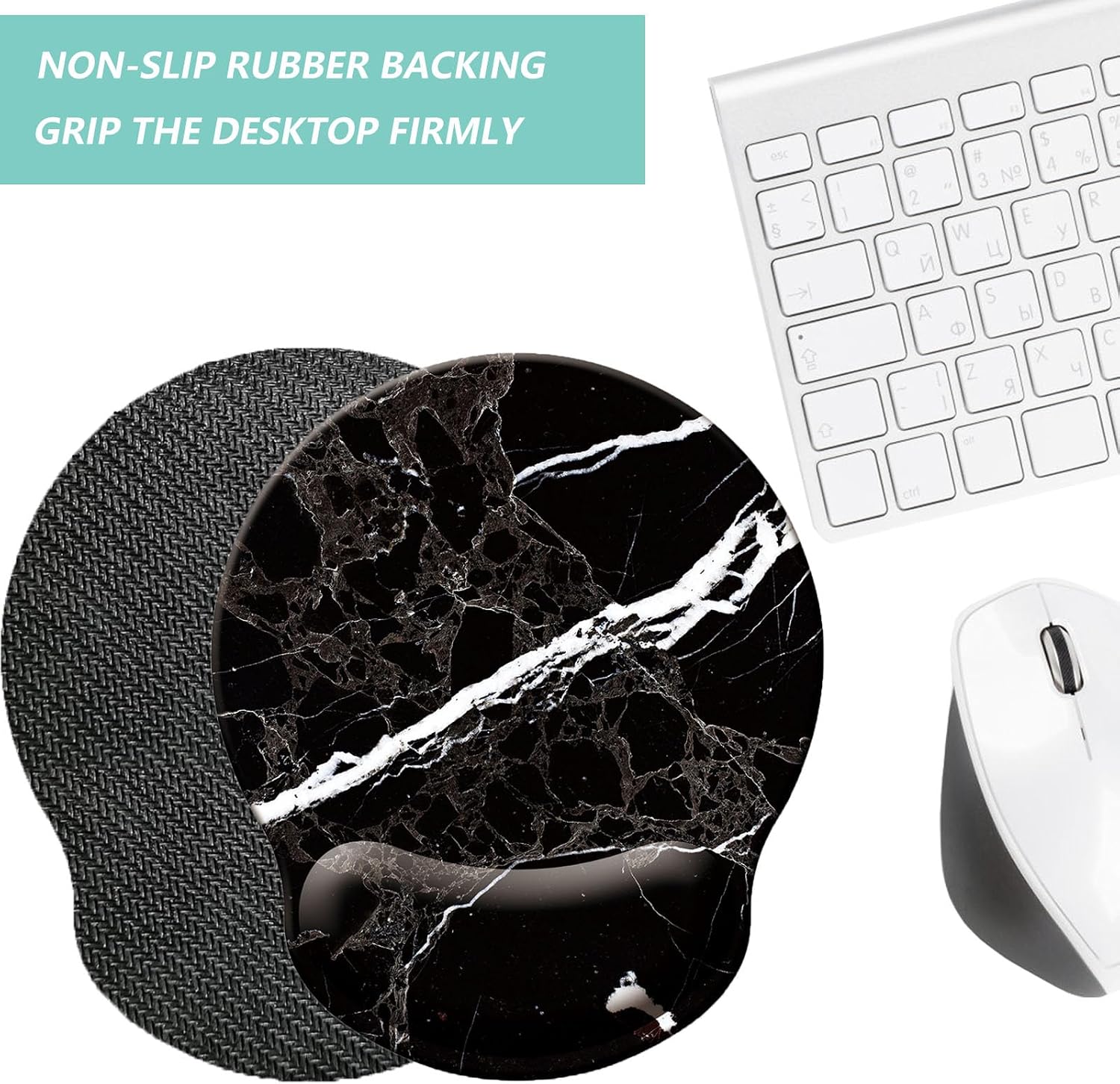 Mouse Pad with Wrist Support, Ergonomic Mouse Pad with Memory Foam Wrist Rest Cushion, Non-Slip Rubber Base Gaming Mice Pad for Home Office Computer Laptop, Black White Marble - 4