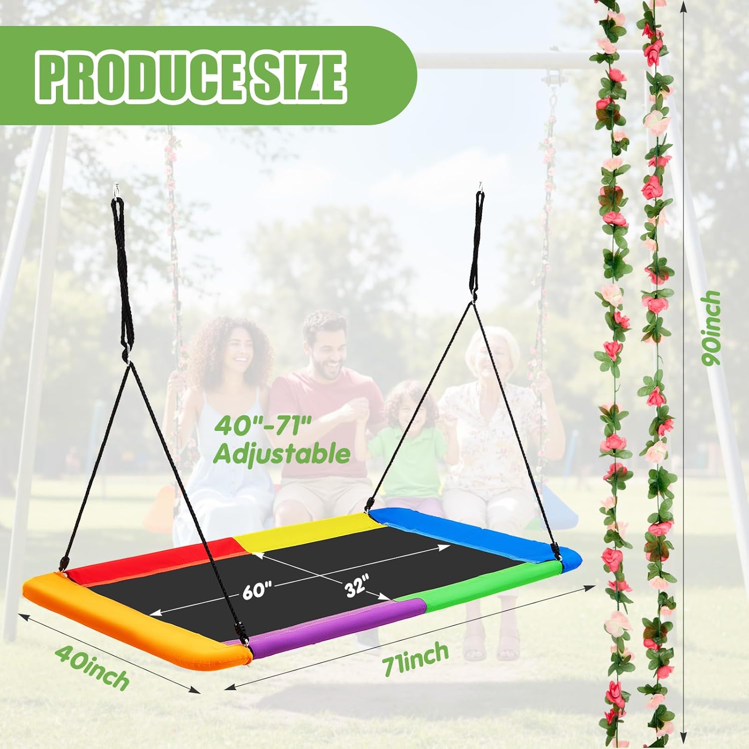 70" x 40'' Extra Large Platform Tree Swing for Adults with 2 Artificial Flower Garland and Adjustable Straps 800lbs Heavy Duty Waterproof Rectangle Swing for Gift Outdoor Game Christmas