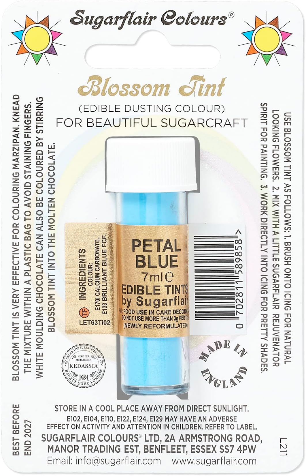 Sugarflair Blossom Tint Petal Blue Food Colouring and Dusting Powder, Matt Finish, Brush On or Mix with Rejuvenator Spirit to Create a One of A Kind Cake - 7ml
