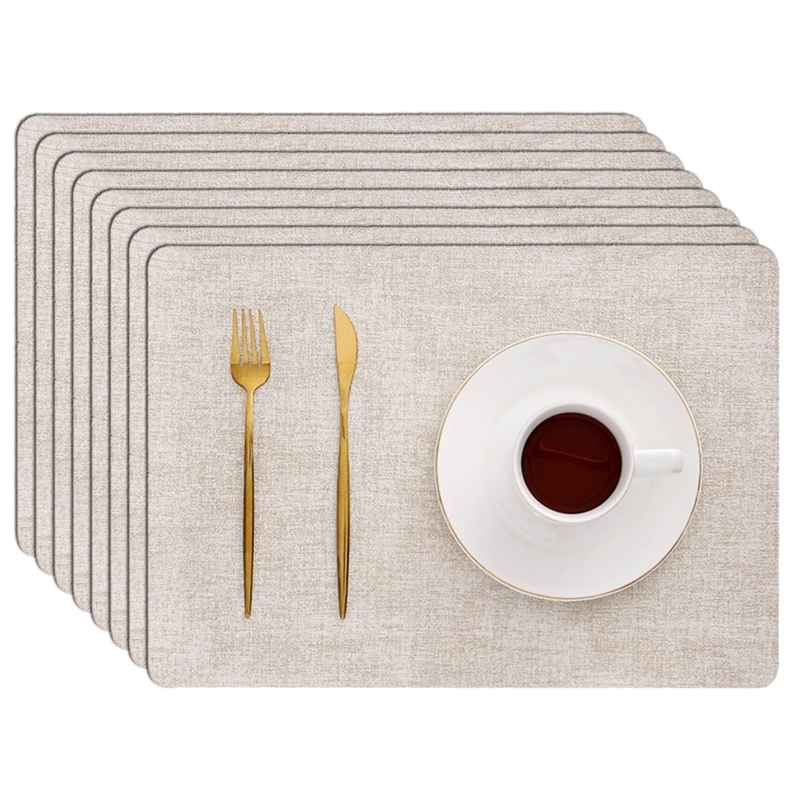 Lot de 8 sets de table ovales et rectangulaires en cuir synthétique, résistants à la chaleur, imperméables, faciles à nettoyer, pour la maison, la cuisine, le restaurant (beige, lot de 8)