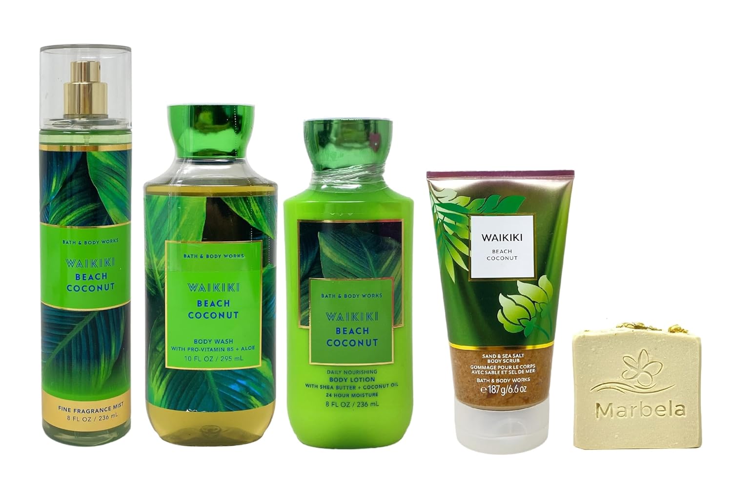 Bath & Body Waikiki Beach Coconut - Deluxe Gift Set - Fine Fragrance Mist, Body Wash, Body Lotion and Body Scrub with a Wild Jasmine Bar Soap.