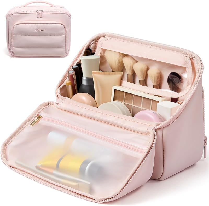 Necessaire de maquiagem LOVEVOOK Rosa com compartimento para pincéis em TPU transparente
