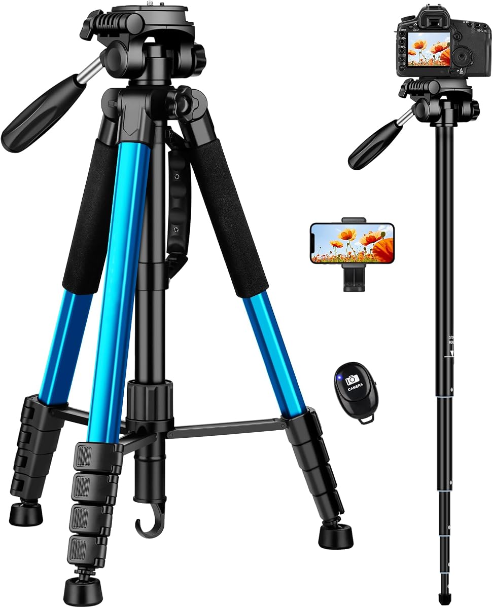 Victiv Trípode para cámara de 72 pulgadas, trípode alto para cámara de teléfono celular, soporte para trípode de cámara resistente, monopié de aluminio profesional, compatible con cámaras Canon Nikon Sony DSLR - azul