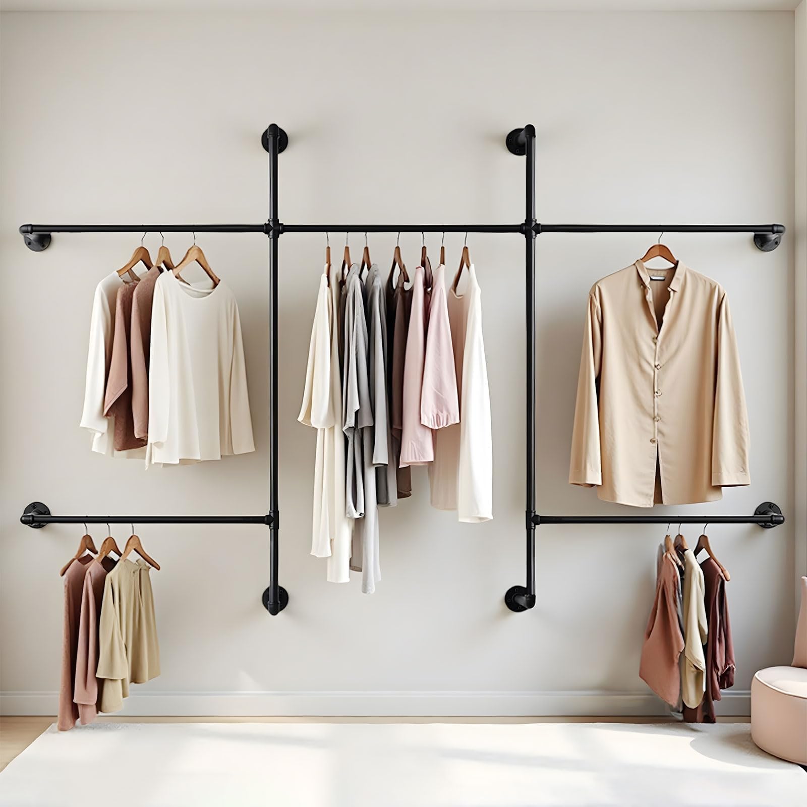 Gemsaya Industrial Pipe Clothing Rack, Heavy Duty Wall Mounted Clothes Rack for Hanging Clothes, Adjustable Industrial Pipe Rack Rail, Multi-Purpose Clothing Garment Bar Rail with 5 Hanging Rod