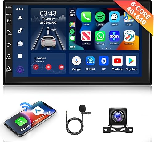 Podofo 8-core 4+64G Android coche estéreo doble DIN Radio con Carplay inalámbricoAndroid Auto 7 pulgadas IPS pantalla táctil Headunit Soporte Espejo
