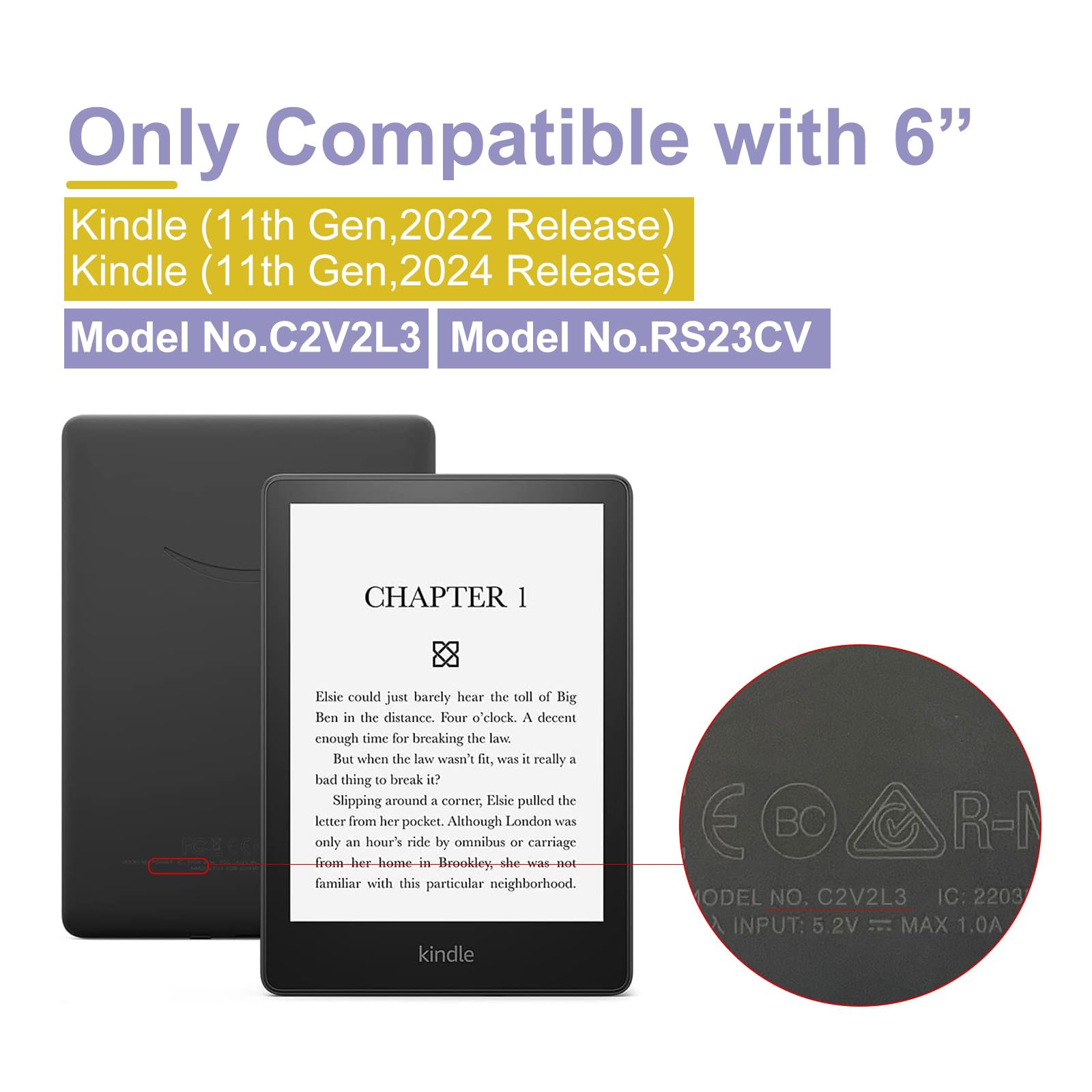 Glitzer-Schutzhülle für Kindle 11. Generation 2024/2022, 15,2 cm (6 Zoll), leichtes PU-Leder und transparente harte Rückseite, mit automatischer Sleep/Wake-Funktion, Glitzer-Violett