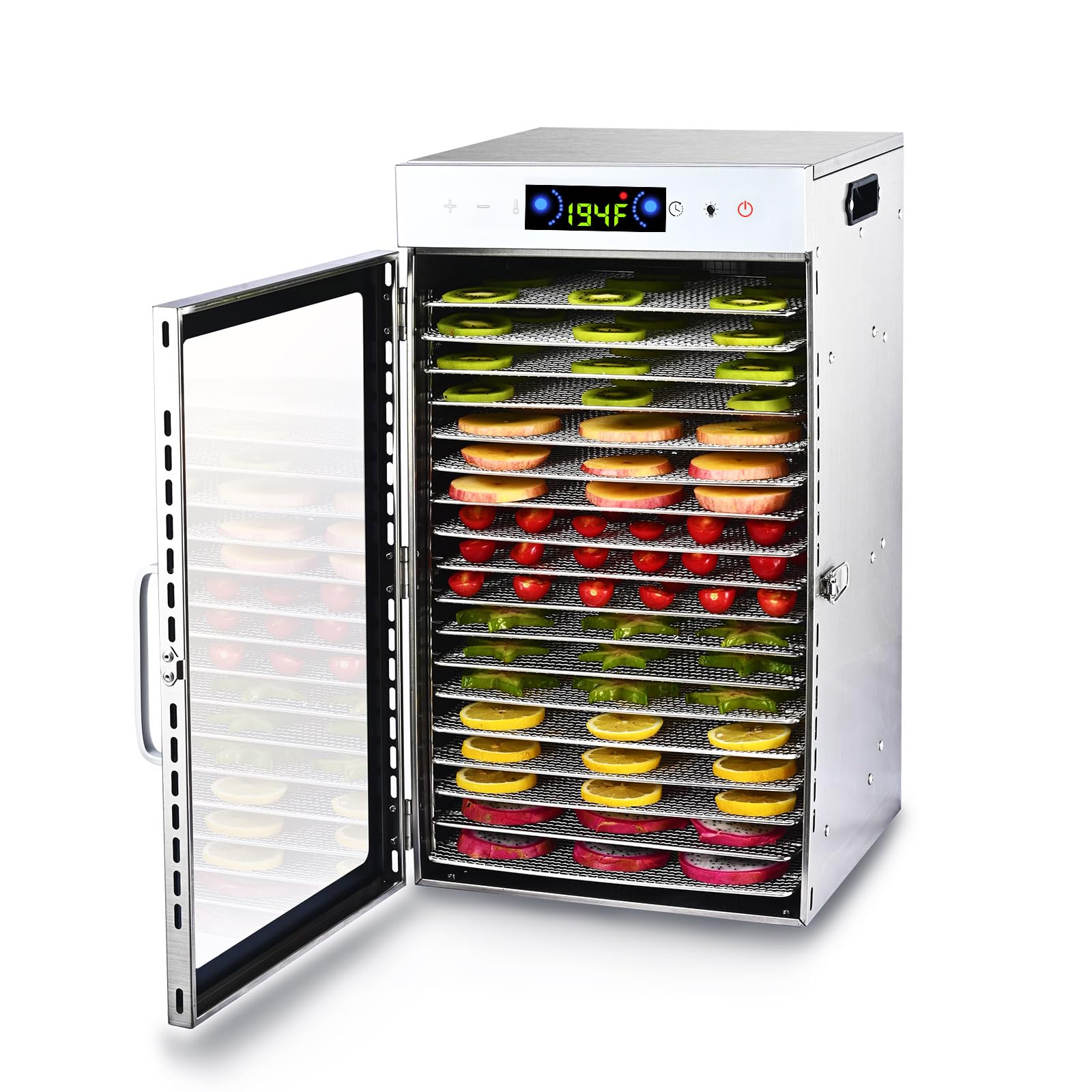 Food Dehydrator 18 Stainless Steel Trays, Food Dryer Machine for Beef Jerky, Meat, Vegetables and Fruit, with 86-194 ? Adjustable and 0~24 Hours Digital Time Control, Silver
