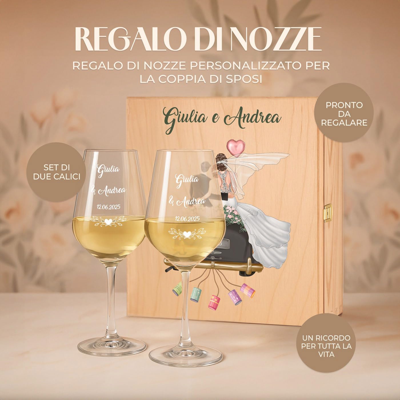 Maverton Calici Vino x2 Personalizzati - Bicchieri Vino Rosso o Vino Bianco 490 ml - Incisi per Lei e Lui - Scatola Legno Personalizzata - Regalo per Sposi e Coppia - Regali Personalizzati
