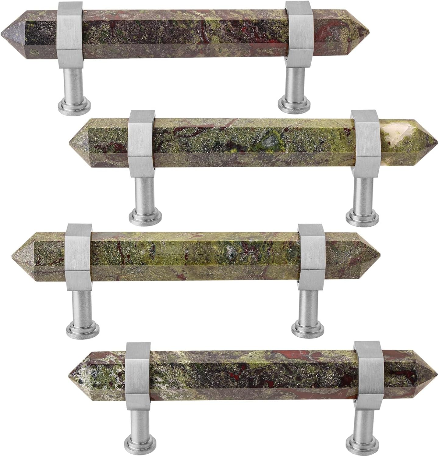 mookaitedecor Brushed Stainless Steel with Dragon Blood Jasper Double Crystal Points Drawer Pulls Cabinets Handles Door Knobs for Dresser Cupboard Kitchen Decor