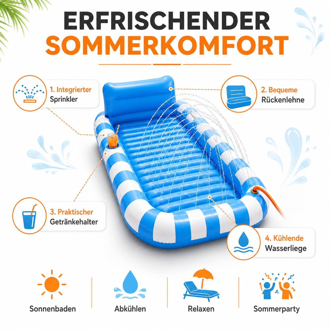 Tanning Bed 200×125cm,Lounge Bed Pool, Bräunungspool, Luftmatratze mit Wasser Befüllbar, Tan Pool Zum Sonnen, Sonnenpool Matratze, Liegepool, Aufblasbarer Tanning Pool Sprinkler Kissen Getränkehalter
