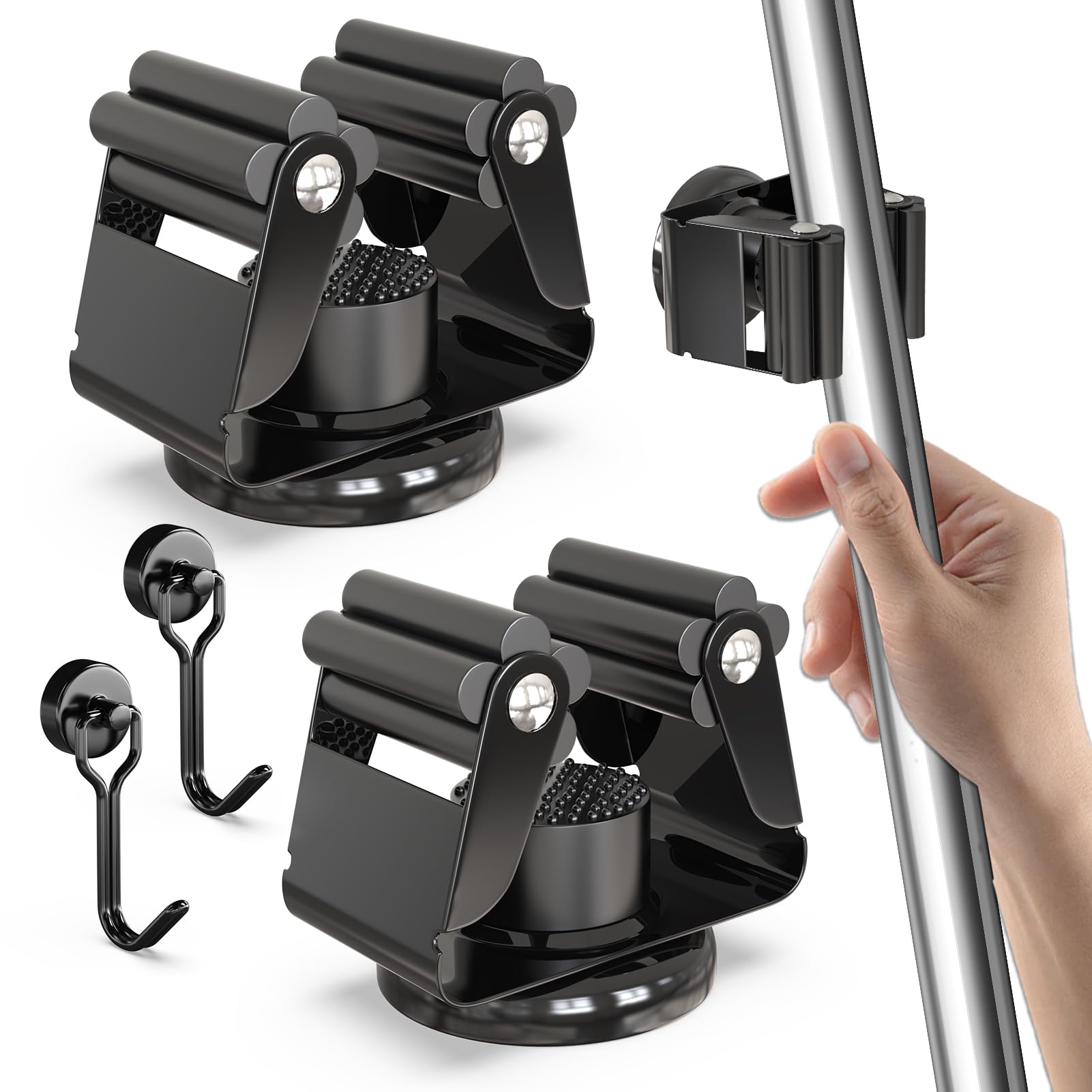 3-H 2 Stück Magnetischer Besenhalter, Edelstahl Gerätehalter Besenhalterung Wandaufhängung für Gartengeräte und Besen, mit 2 Magnetische Haken für Küche Badezimmer Garage Garten Zuhause, Schwarz