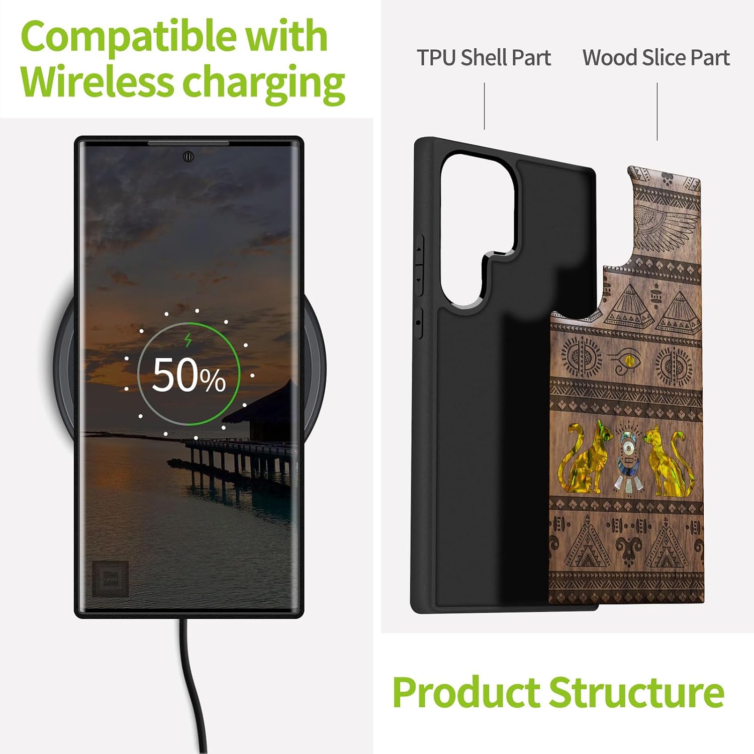 Carveit Designer Wooden Case for Samsung Galaxy S24 Ultra Case [Wood Engraving & Shell Inlay] Compatible with Wireless Chargers S24 Ultra (The Symbols of Egypt-Walnut)