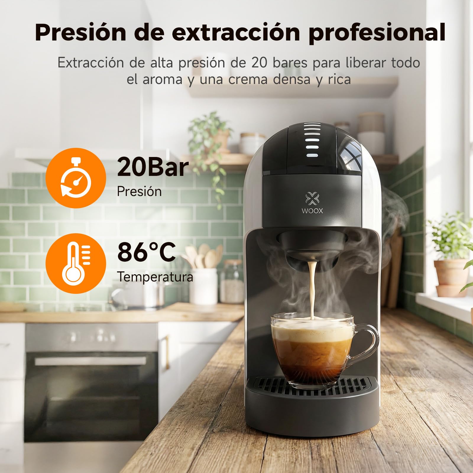 Woox Cafetera Cápsulas, 20 bares de presión, 1400W potencia, Compacta, Apta para Café Molido, Dolce Gusto, Nespresso y K-fee, Depósito Extraíble de 850ml, Apagado Automático