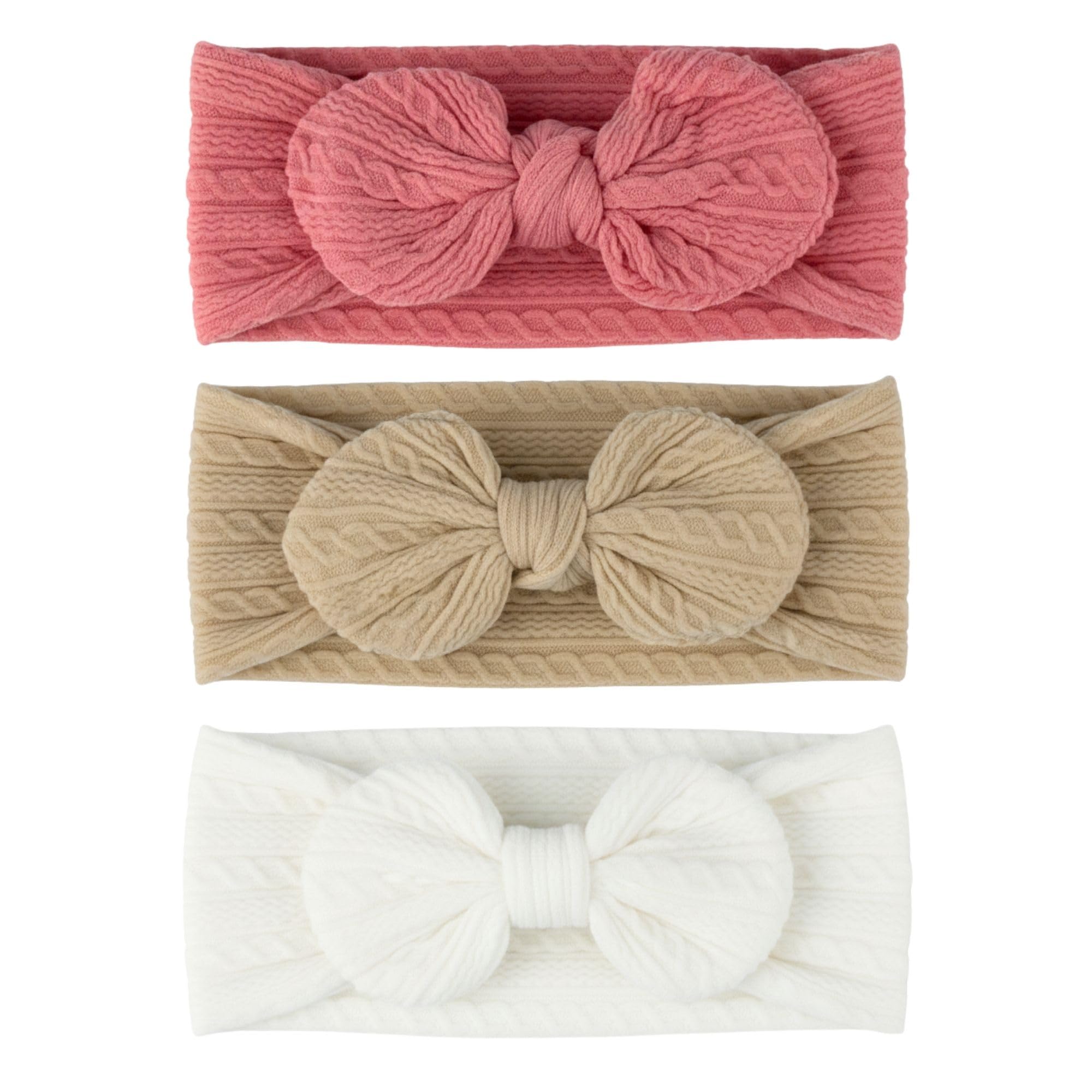 minimutz Haarband Baby 3er Set, Stirnband dehnbar mit Schleife, weiches Haaraccessoire Kleinkind Mädchen (Weiß/Beige/Koralle)