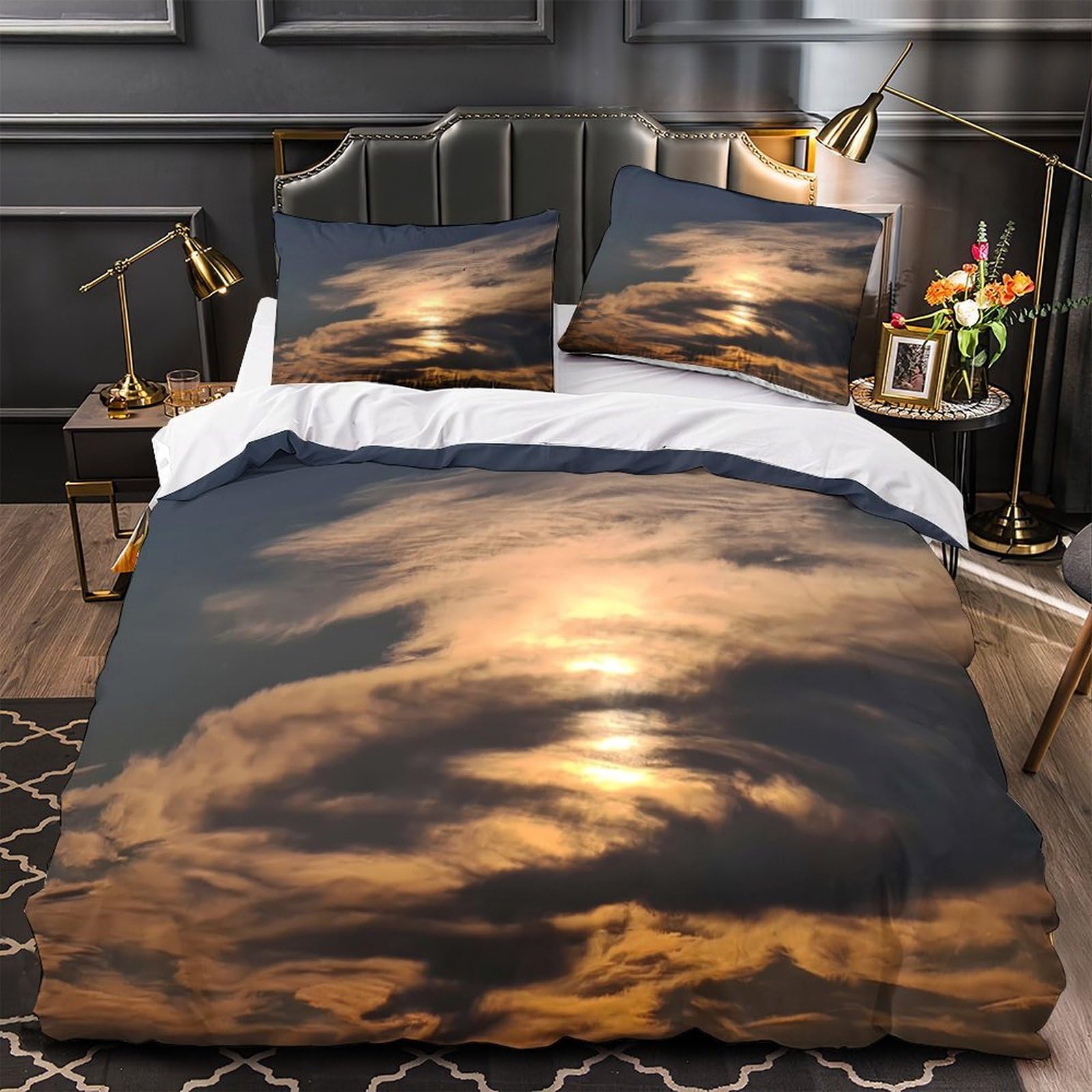 Housse de couette 3 pièces microfibre entretien facile motif ciel coucher de soleil