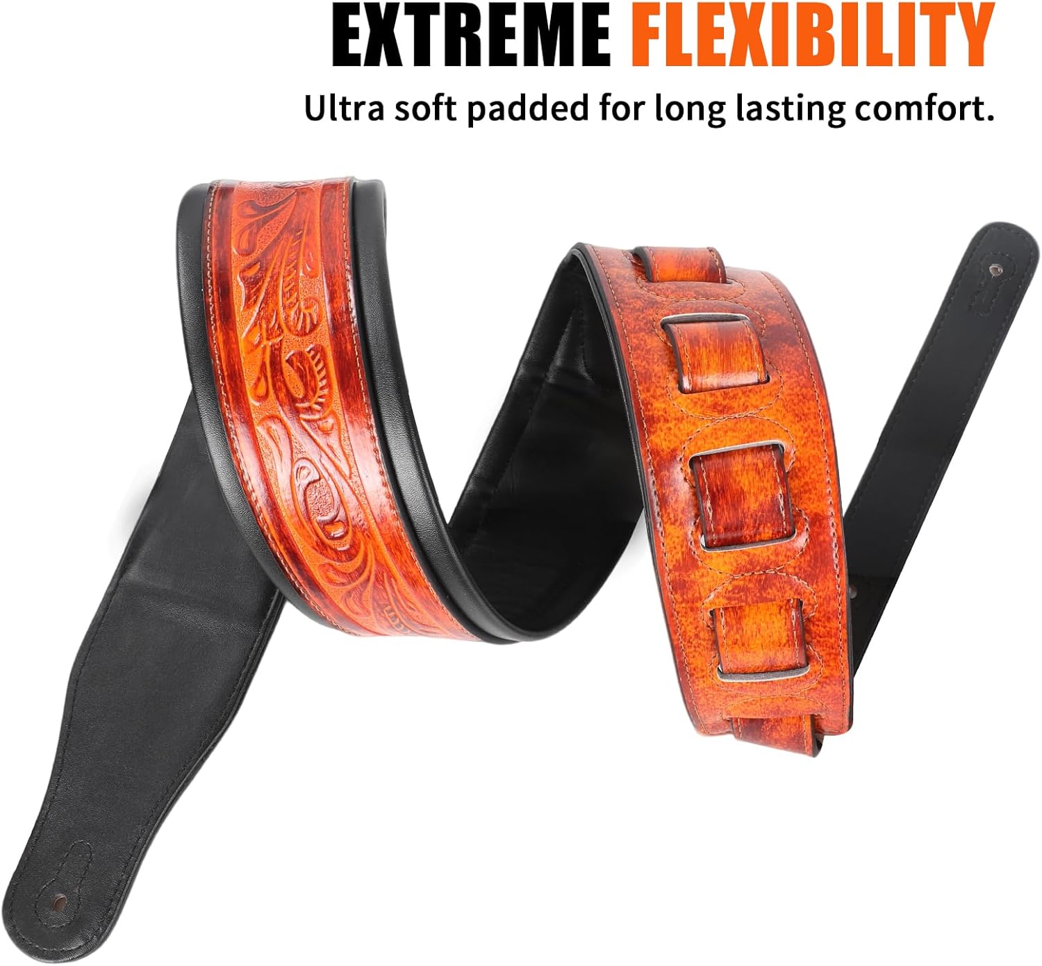 Leather Guitar Strap,Vintage Bourbon Brown,2.75" Soft Padded Strap Classic Pattern for Bass,Electric&Acoustic Guitar