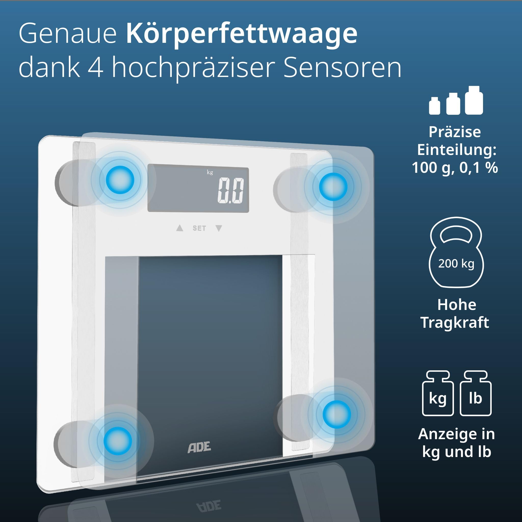ADE Digitale Körperfettwaage Ines bis 200 kg | Testsieger 2024 | Personenwaage mit Körperfettanalyse, BMI, Muskelmasse, Körperwasser, Gewicht, BMR | Körperwaage mit Benutzererkennung | weiß