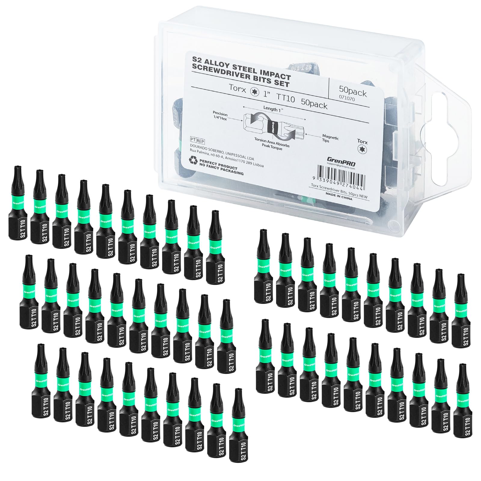 GRENPRO Security Tamper Proof Torx Impact Driver Bit Set - 1/4" Hex-Shank S2 Steel Mini Star CNC Machined Tips, 1" Long 50pack (TT10) Magnetic Torque