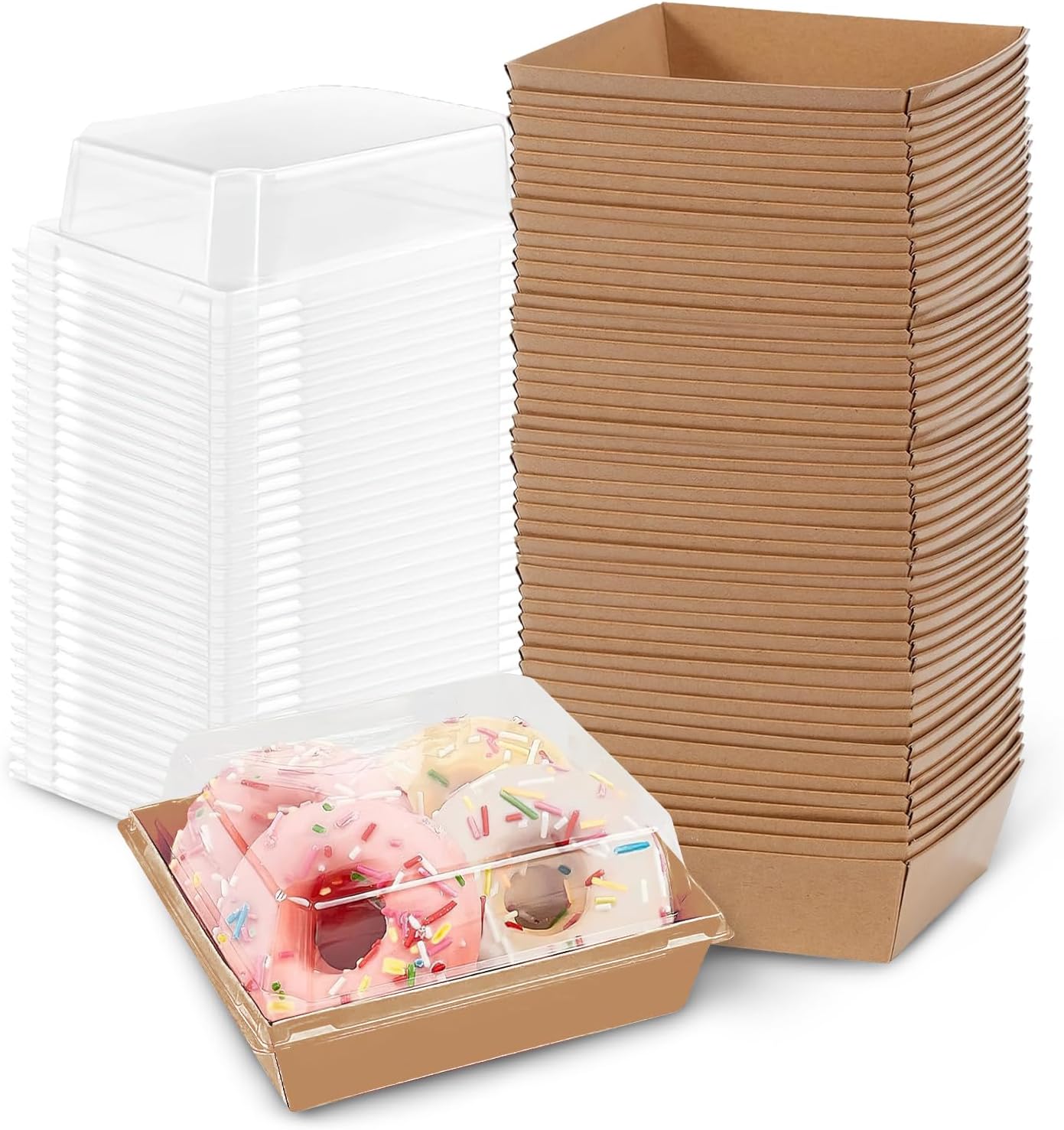 50 Pack Plastic Charcuterie Boxes with Clear Lids, 4" Small Paper to Go Food Container for Sandwich Salad Snack, Disposable Mini Bakery Dessert Boxes for Cupcakes Slice Cookies Strawberry Brown