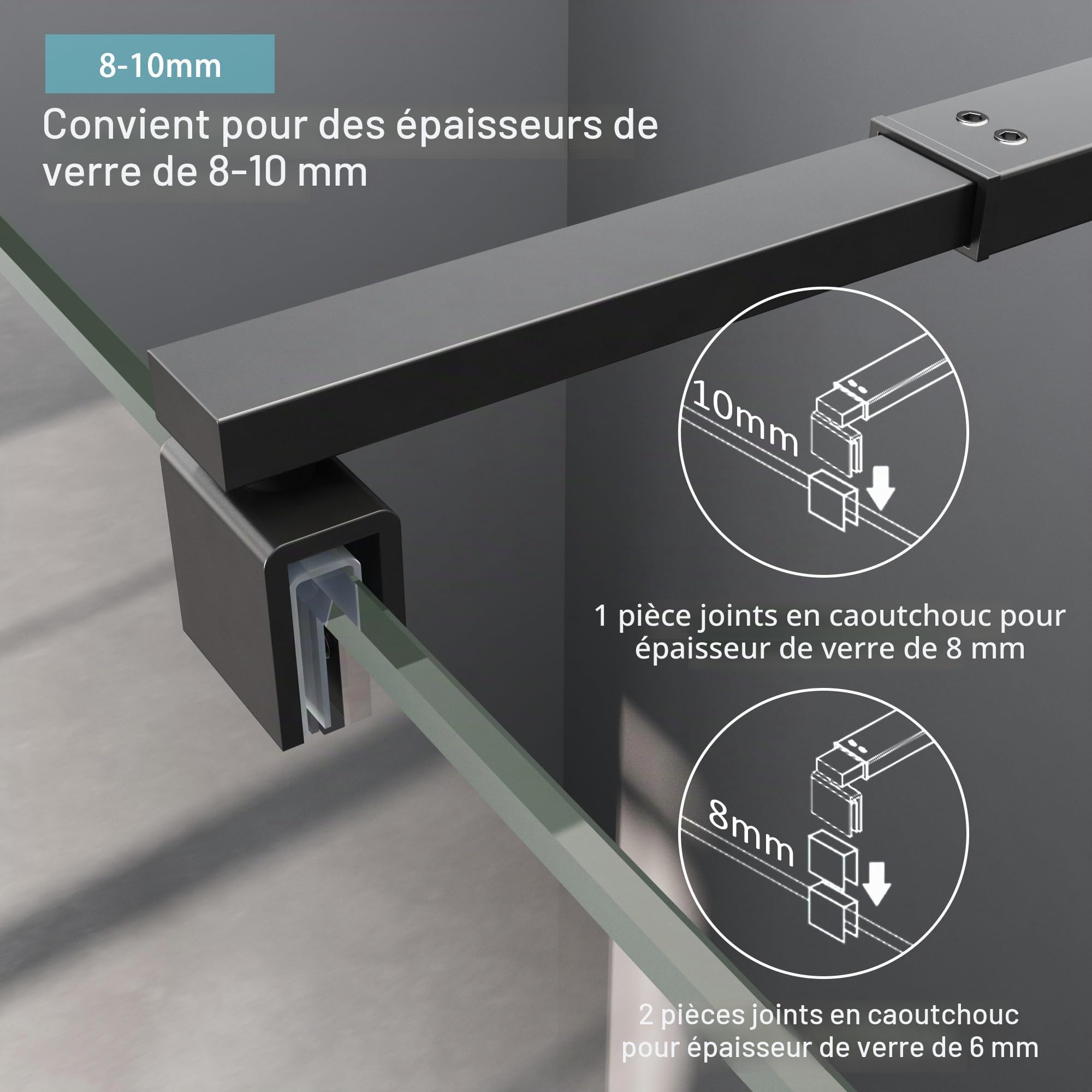 Barre d'appui réglable 73-123 cm - Tube carré - Barre de stabilisation pour douche, paroi en verre, barre d'appui pour épaisseur de verre de 6 à 10 mm - Noir mat