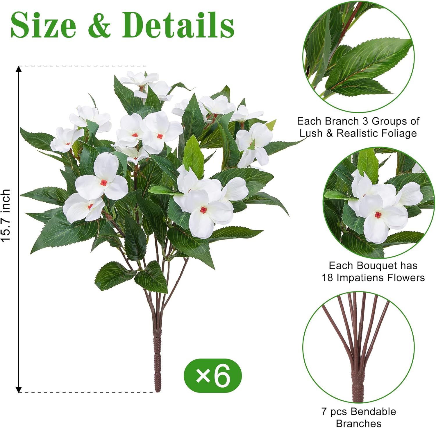 Artificial Flowers for Outdoors Decorations, 6 Bundles Realistic Impatiens Silk Faux Flowers UV Resistant Fake Plants for Outside Pot Patio Garden Porch Planters Window Box Balcony Indoor Home Decor