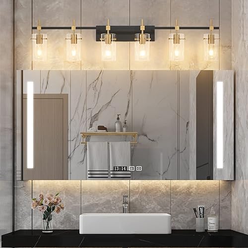 Vista 146 de SOLFART Lámparas doradas de 3 luces de baño para espejo, luces de tocador de baño, aplique de pared Dorado,Negro y dorado,Níquel cepillado,Negro