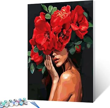 Tucocoo Women with Flowers on Head Paint by Numbers for Adults Beginner Female Body Painting Red Flower Acrylic Oil Painting Set for Home Decor and Gift for Festival Without Frame-16W x 20H