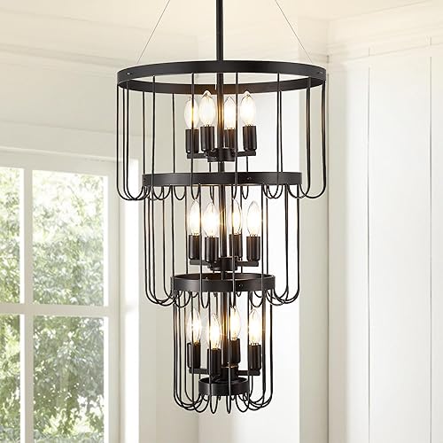 Miniatura 14 de WJShome Lámpara de araña negra y dorada de 31.5 pulgadas, lámpara moderna de 12 luces para entrada, lámparas colgantes redondas, candelabros grandes