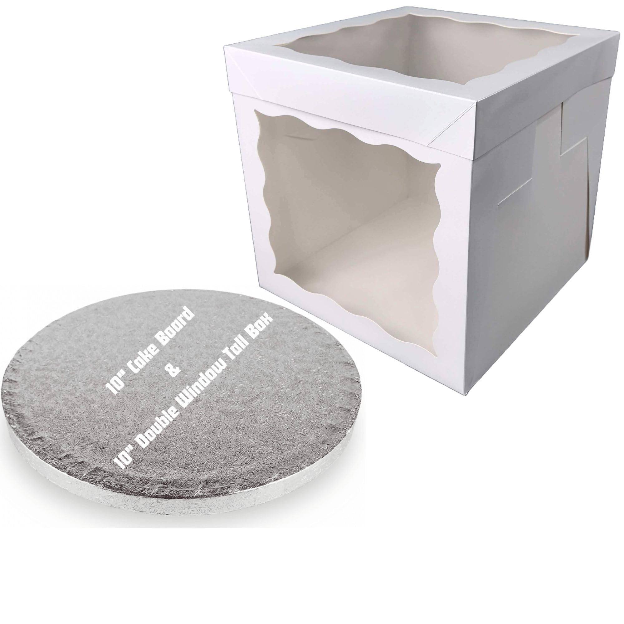 Art of cake ® Drum Cake Board (13mm) & 2 Sided Window Tall Cake Box (Silver, 10")