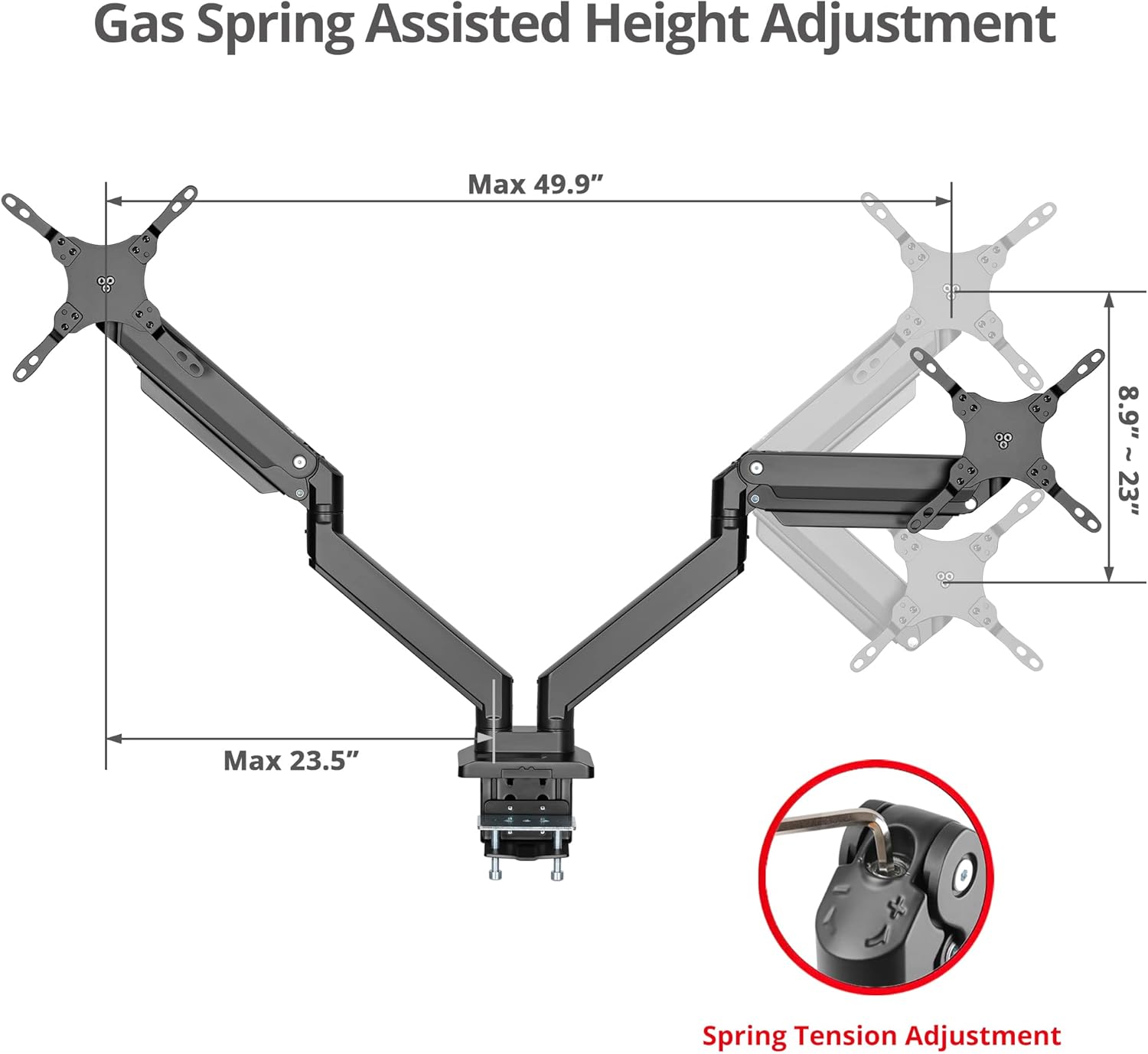 SIIG Dual Monitor Desk Mount, 17" to 43", Heavy-Duty Premium Gas Spring, Fits Two Flat/Curved Monitors, Load 45 lbs max Each, VESA 75x75 100x100 200x200, C-Clamp and Grommet Base (CE-MT3011-S1)