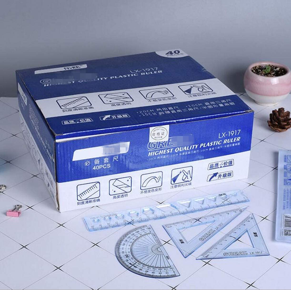 ZHONGJIUYUAN 40er-Set (1 Box) 4 stlye Lineale Dreieckslineal Winkelmesser Schule Kinder Geschenk-Set Messwerkzeuge Schreibwaren Zubehör