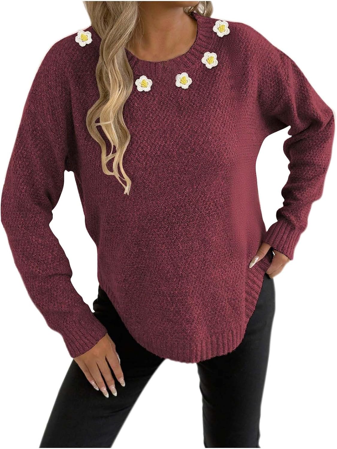 Crew Neck Knit Sweater for Women Fashion Loose Fit Floral Sweater Casual Long Sleeve Cozy Fall Sweaters Cute Tops