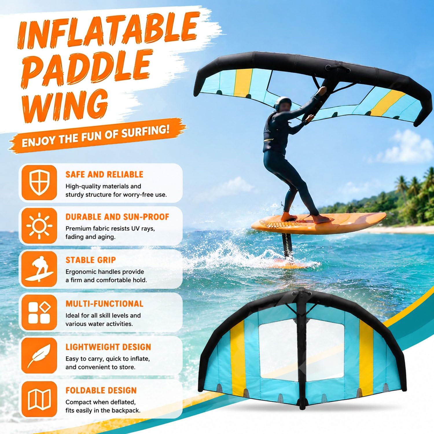 Kitesurf-Wing/Windsurf-Wing mit Sichtfenster (4 m², 5 m², 6 m²) 5㎡ | Aufblasbarer Hand-Surfwing, tragbarer Wing für Erwachsene (Outdoor-Kiteboarding-Sport)