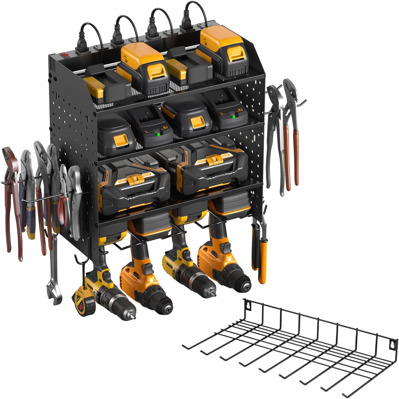 CCCEI Modular Power Tool Organizer with Charging Station. 4 Layer Wall Mount Drills Holder, Tool Battery Charger Organizer. Garage Shop Storage Utility Shelf with 6FT Power Strip, Gift for Men.